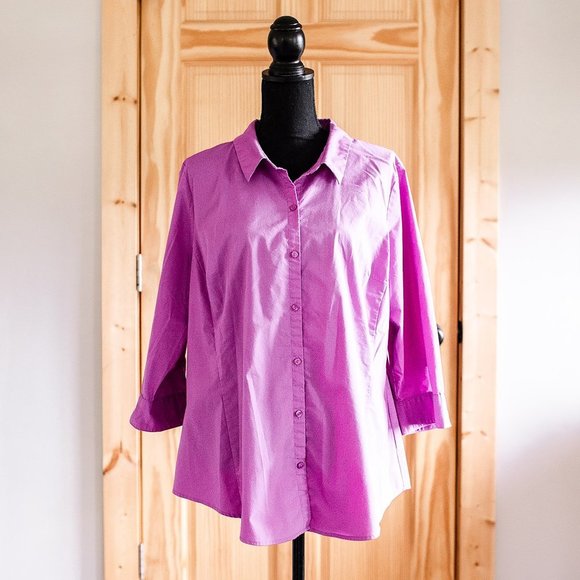 Worthington Magenta Pink Purple Button Down 3/4 Sleeve Shirt Size 1X Barbiecore - Picture 1 of 8